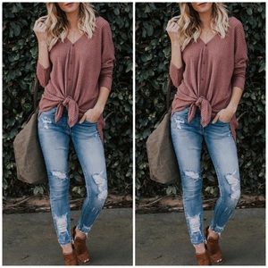 Express Waffle Textured Tie Front Long Sleeve Top